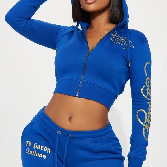 Ed Hardy Pants Jumpsuits Copy Ed Hardy Sweat Outfit Blue Tiger Classic Design Flare Bottoms W Hoodie Poshmark